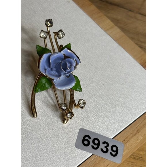 Vintage Enamel Blue Rose Brooch With Rhinestones & Gold-Tone Metal Floral Design - Picture 6 of 6